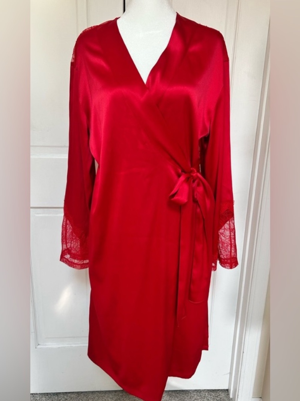 Victoria's Secret Red Satin Wrap Robe with Lace Trim